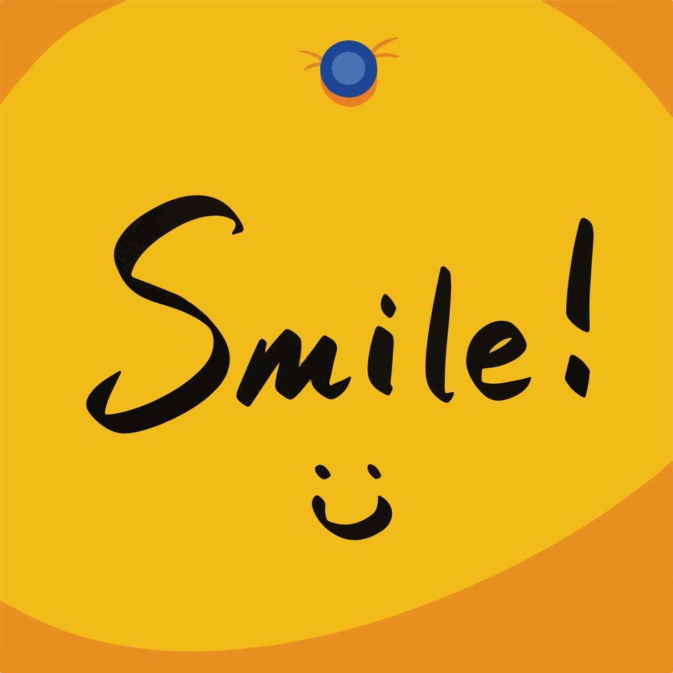 Sorridi con smiley icona testo. mano scritto Nota con nero marcatore su piazza giallo carta e blu spingere perni decorazione. carino semplice testo Nota per essere contento. appiccicoso carta design. vettore