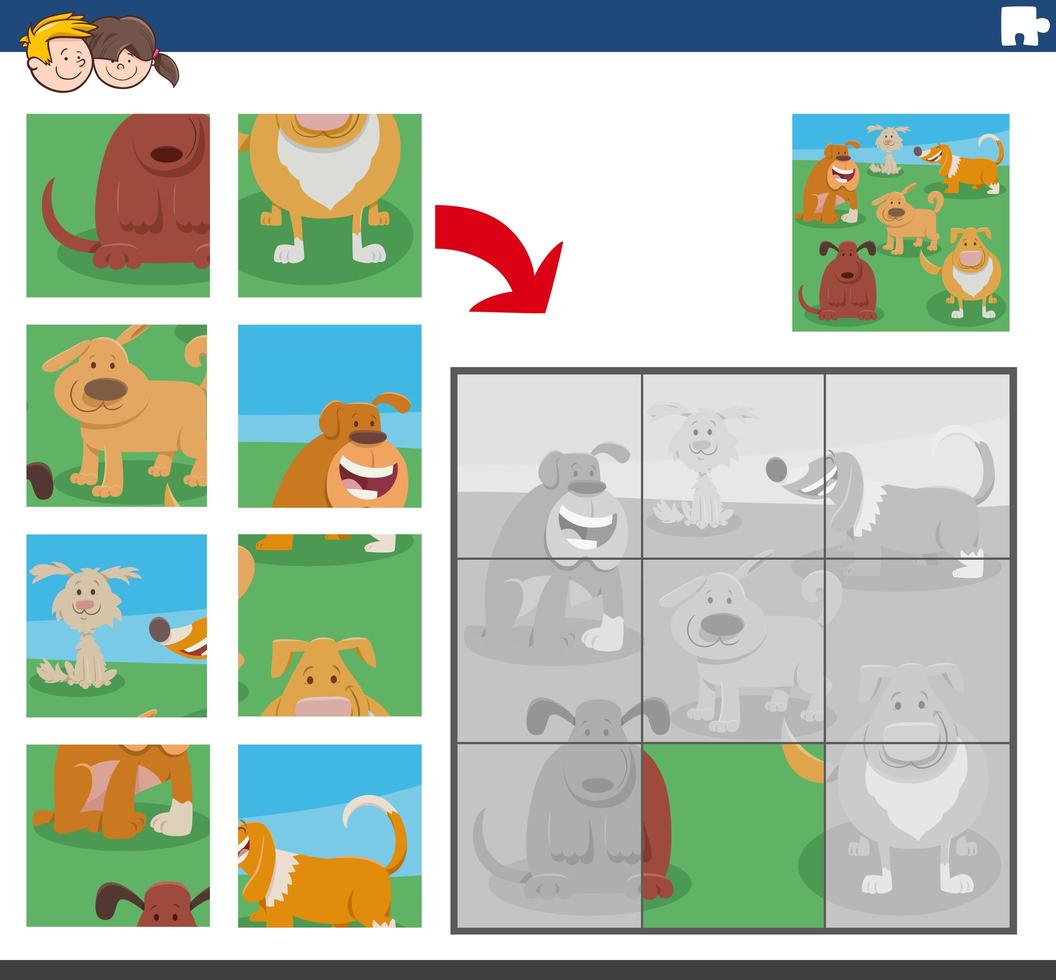 gioco di puzzle con personaggi di cani divertenti vettore