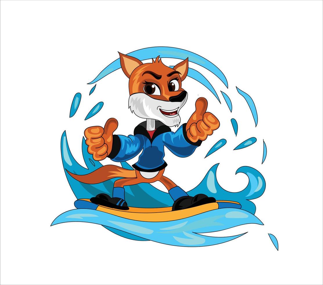 Volpe fare surf personaggio cartone animato portafortuna vettore illustrazione
