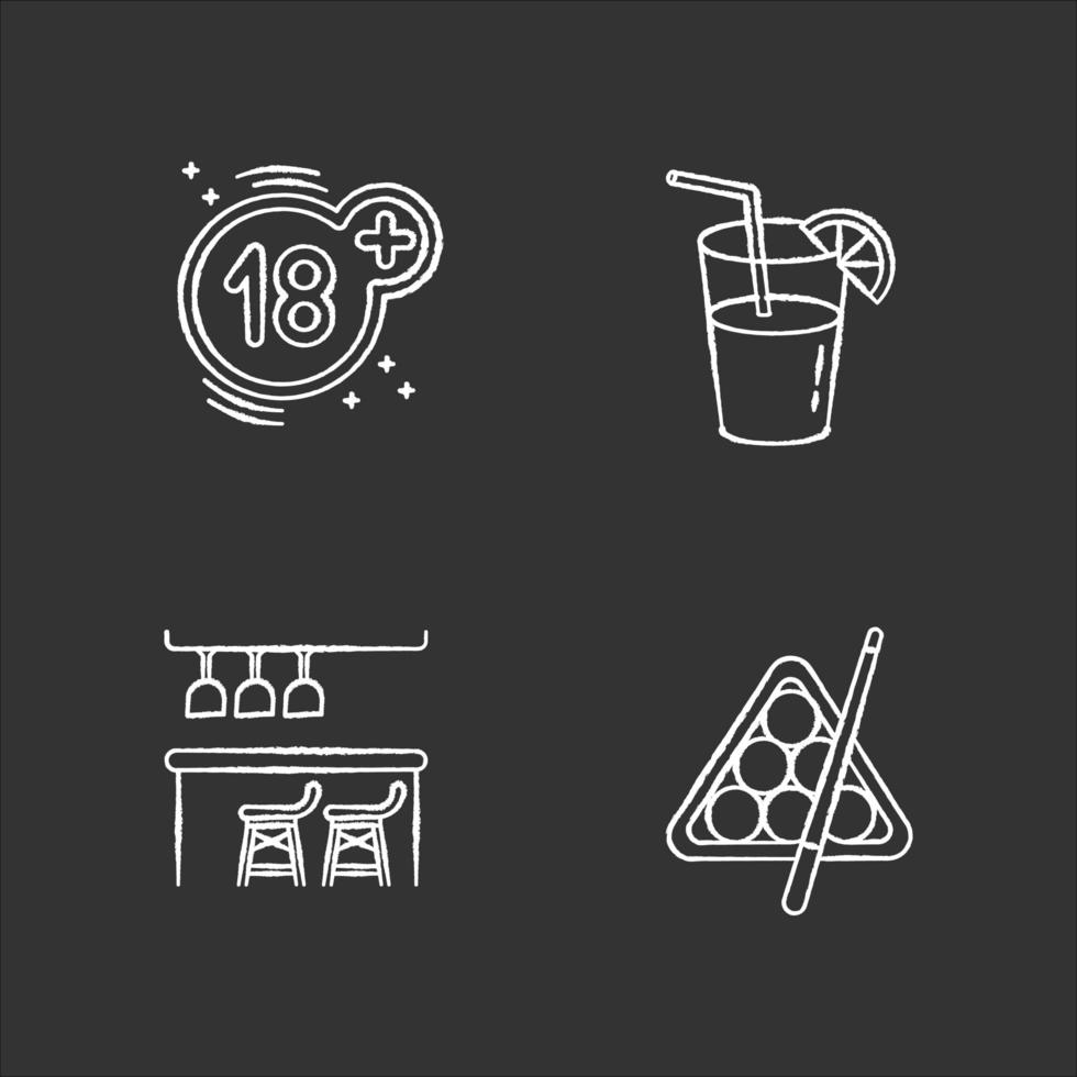 icone di gesso bianco ricreazione per adulti impostato su sfondo nero. attività ricreative nei night club. diciotto più numero, cocktail, bancone bar e biliardo illustrazioni vettoriali isolato lavagna