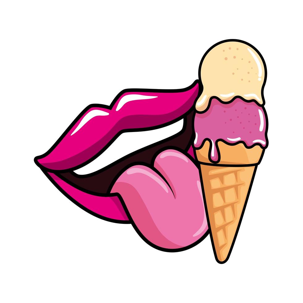 bocca sexy con la lingua fuori e icona di stile pop art gelato vettore