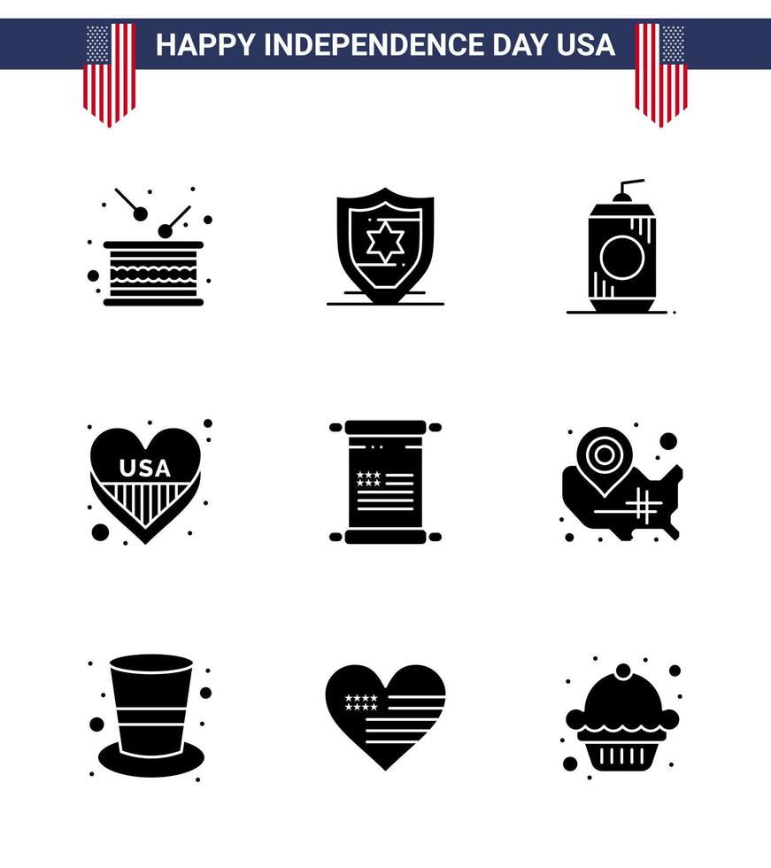 Stati Uniti d'America contento indipendenza pictogram impostato di 9 semplice solido glifi di testo Stati Uniti d'America bottiglia amore americano modificabile Stati Uniti d'America giorno vettore design elementi