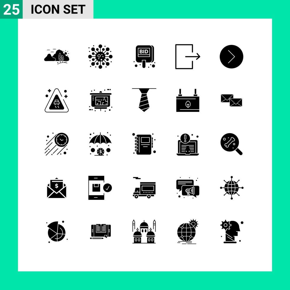 pittogramma impostato di 25 semplice solido glifi di Il prossimo Uscita studia freccia etichetta modificabile vettore design elementi
