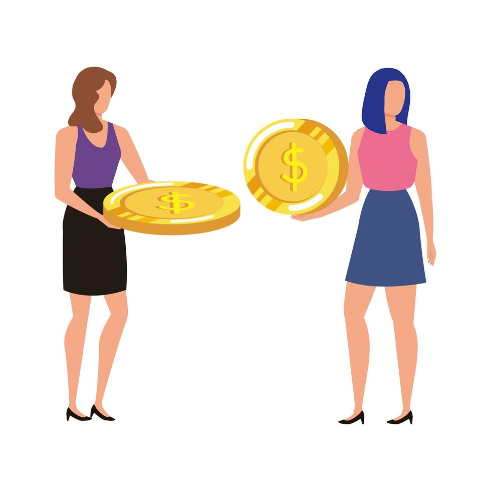 giovani donne con caratteri di dollari di monete vettore