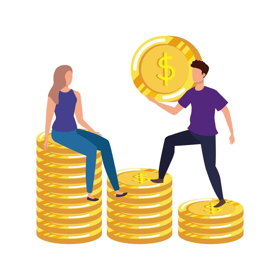 giovane coppia con monete soldi avatar personaggi vettore