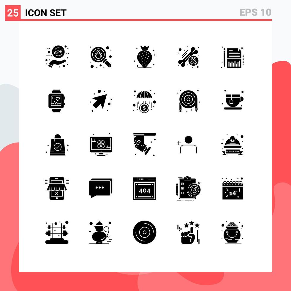 mobile interfaccia solido glifo impostato di 25 pittogrammi di finanziario Salute bacca giorno osso modificabile vettore design elementi