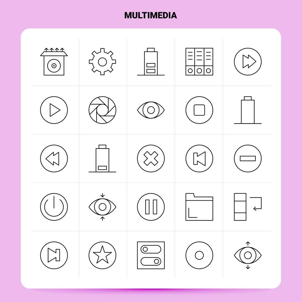 schema 25 multimedia icona impostato vettore linea stile design nero icone impostato lineare pittogramma imballare ragnatela e mobile attività commerciale idee design vettore illustrazione