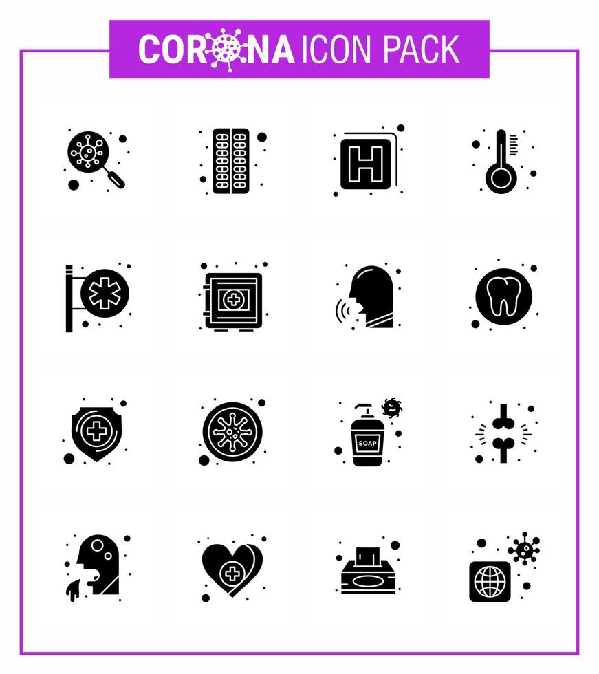 coronavirus consapevolezza icona 16 solido glifo nero icone icona incluso ospedale cartello termometro pillola temperatura assistenza sanitaria virale coronavirus 2019 nov malattia vettore design elementi