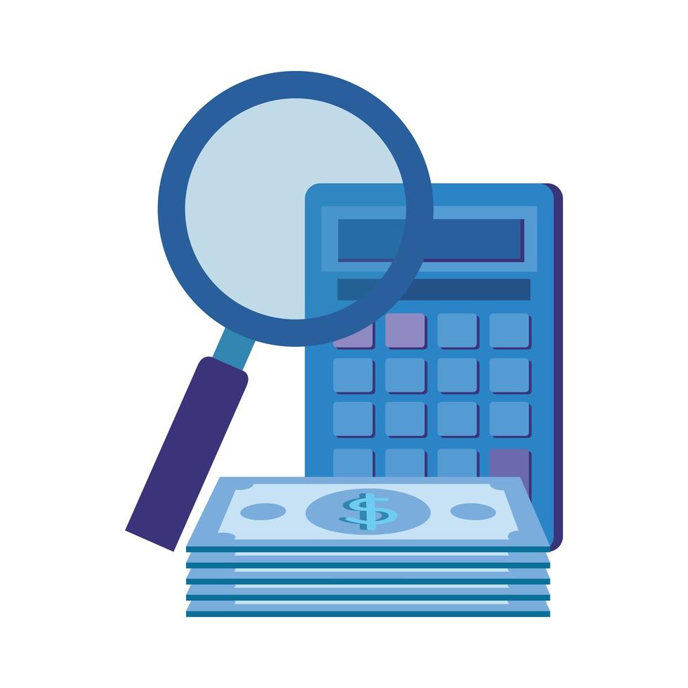matematica calcolatrice con lente di ingrandimento e denaro vettore