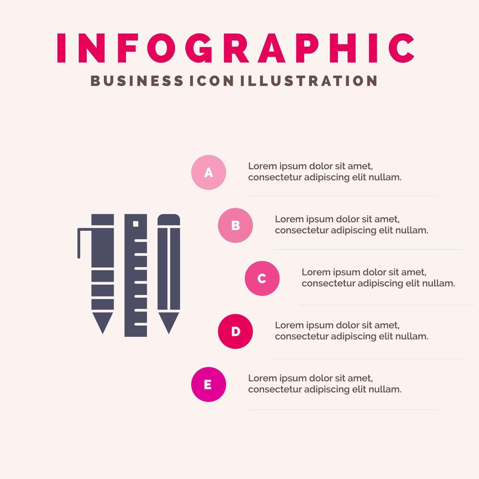 utensili essenziale utensili stazionario elementi penna solido icona infografica 5 passaggi presentazione sfondo vettore