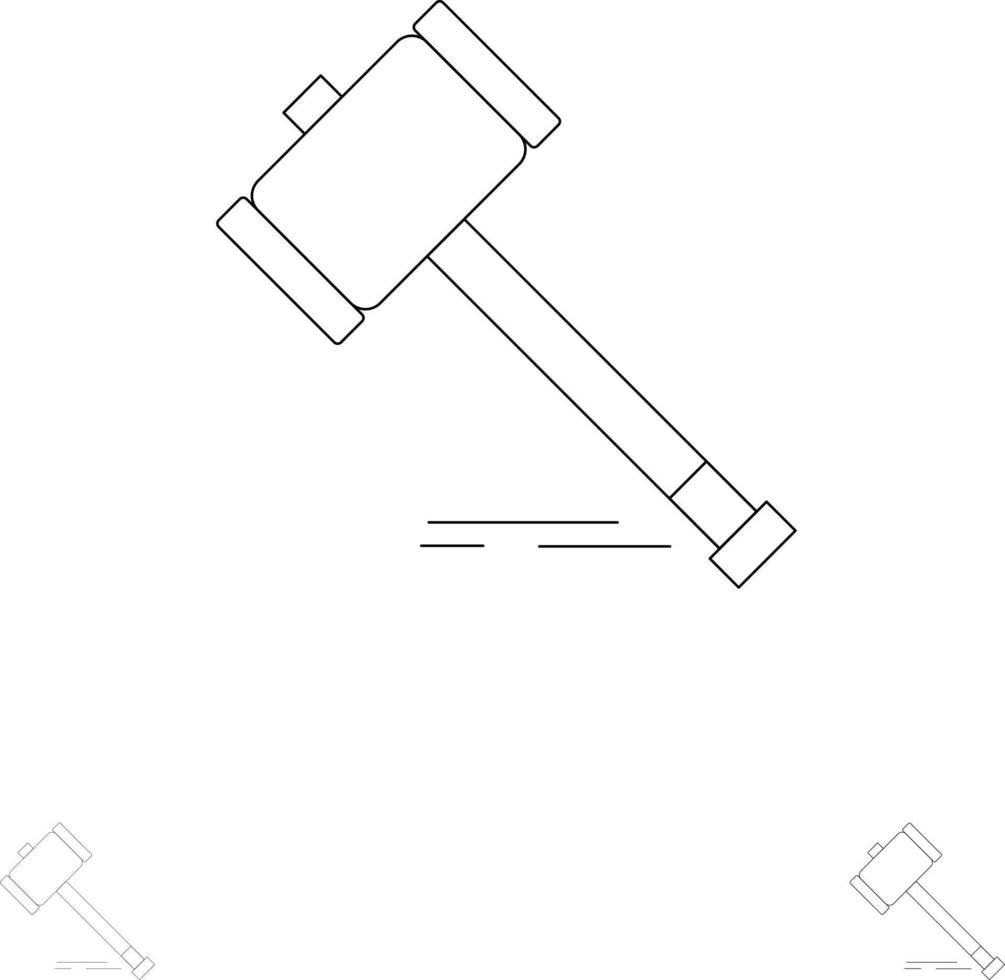 azione vendita all'asta Tribunale martelletto martello legge legale grassetto e magro nero linea icona impostato vettore