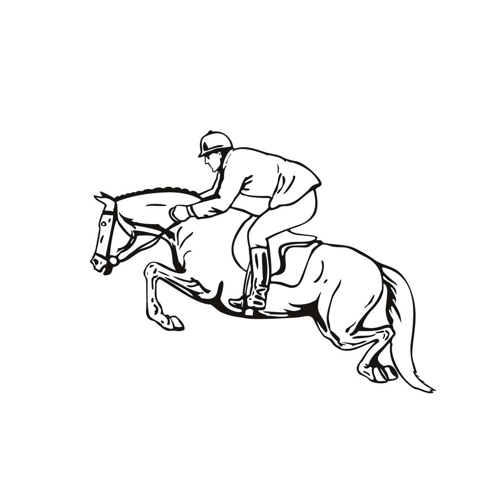 equestre e spettacolo di cavalli che salta stadio di salto o salto aperto vista laterale retrò in bianco e nero vettore