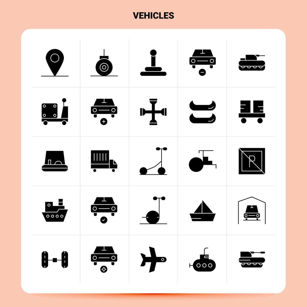 solido 25 veicoli icona impostato vettore glifo stile design nero icone impostato ragnatela e mobile attività commerciale idee design vettore illustrazione