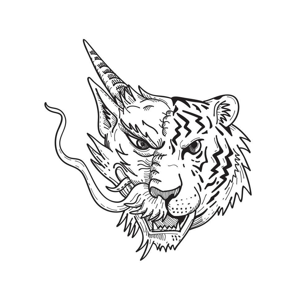 testa di un mezzo drago cinese metà tigre del Bengala vista frontale disegno vettore