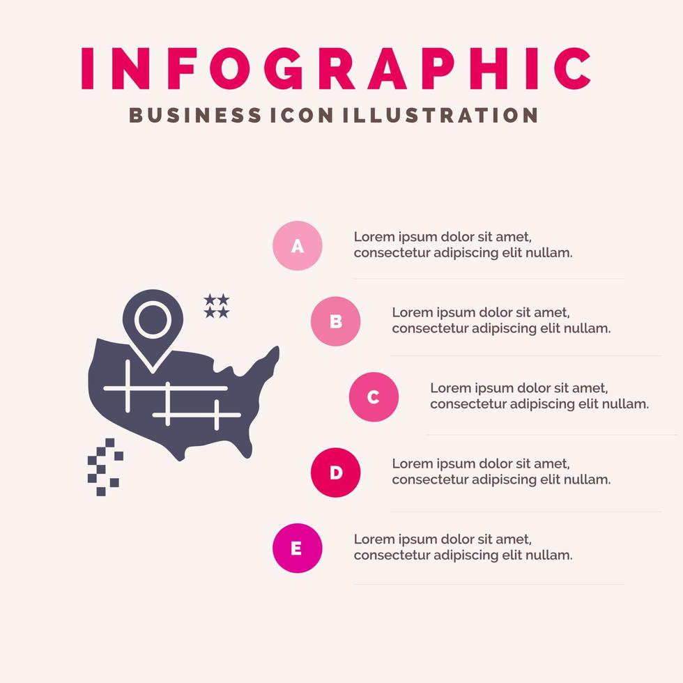 Posizione carta geografica americano solido icona infografica 5 passaggi presentazione sfondo vettore