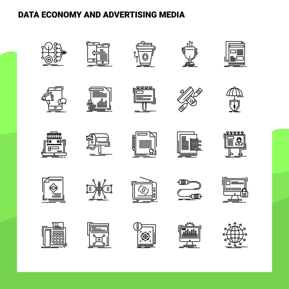 impostato di dati economia e pubblicità media linea icona impostato 25 icone vettore minimalismo stile design nero icone impostato lineare pittogramma imballare