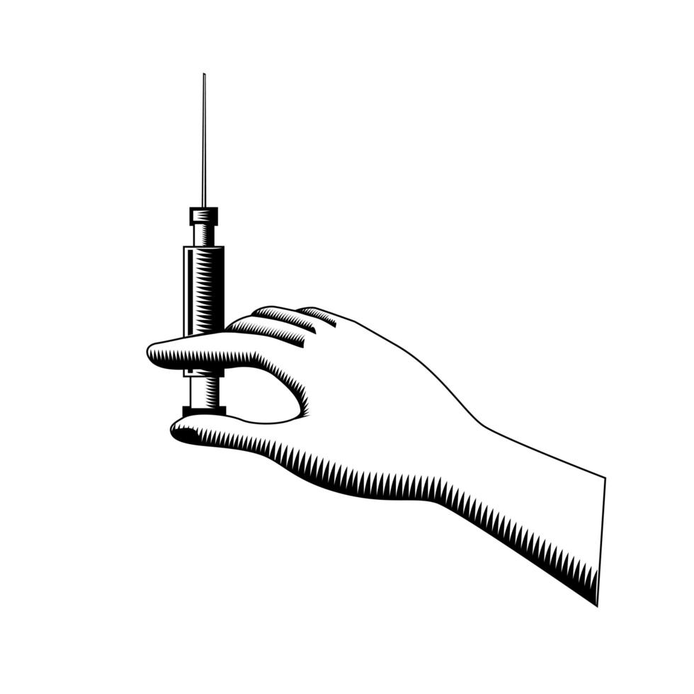 mano che tiene una siringa con ago ipodermico xilografia retrò in bianco e nero vettore