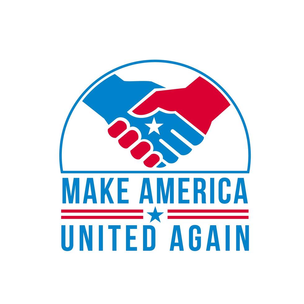 le mani americane in stretta di mano con la stella degli Stati Uniti e le parole rendono l'america di nuovo unita in stile retrò vettore