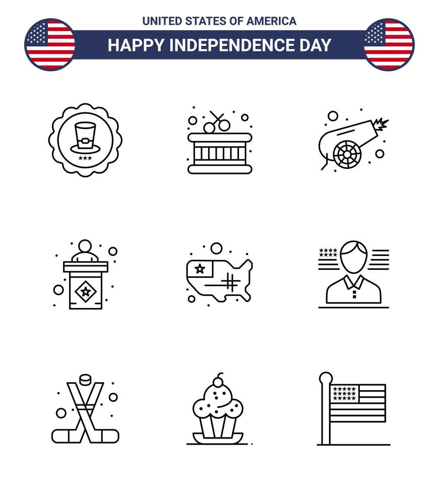contento indipendenza giorno Stati Uniti d'America imballare di 9 creativo Linee di unito carta geografica canone cartello elezione modificabile Stati Uniti d'America giorno vettore design elementi