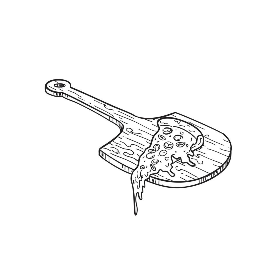 tavola da paddle per pizza in legno o buccia con fetta di pizza e disegno in bianco e nero di formaggio fuso vettore