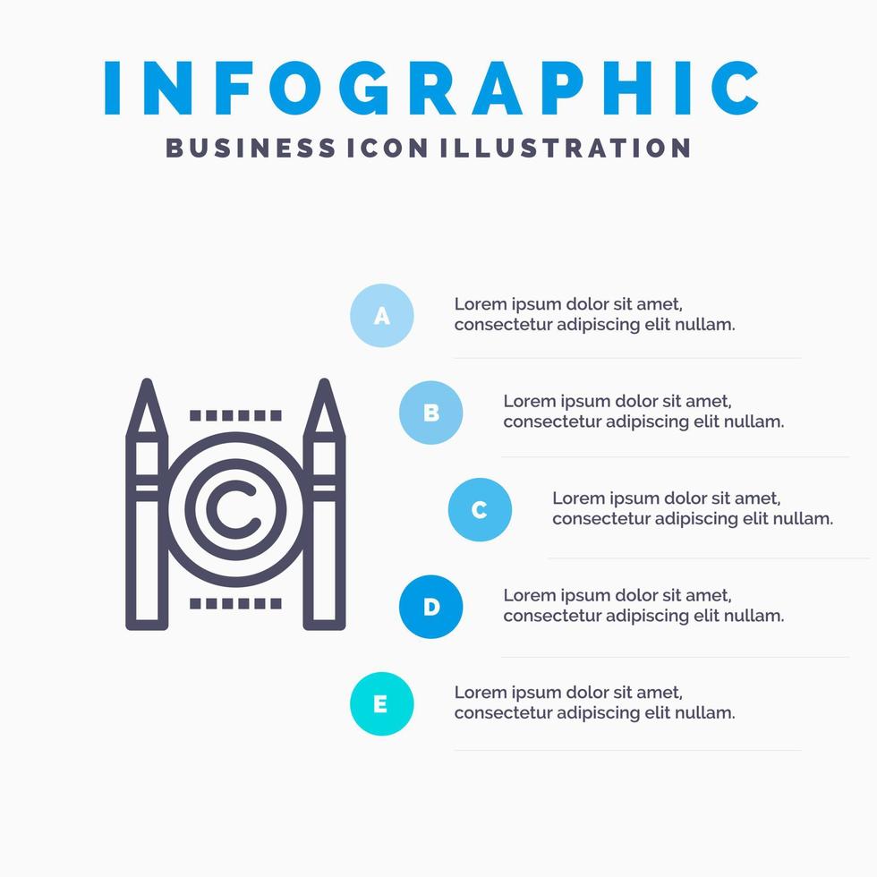 attività commerciale conflitto diritto d'autore digitale linea icona con 5 passaggi presentazione infografica sfondo vettore