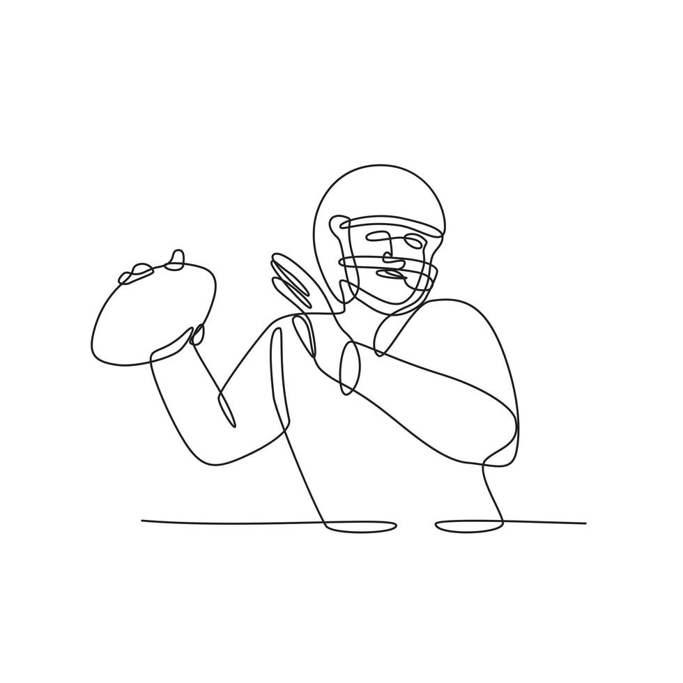 quarterback di football americano in procinto di lanciare la palla linea continua disegno vettore