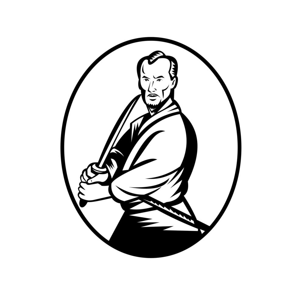 guerriero samurai con spada katana in posizione di combattimento ovale retrò xilografia retrò in bianco e nero vettore