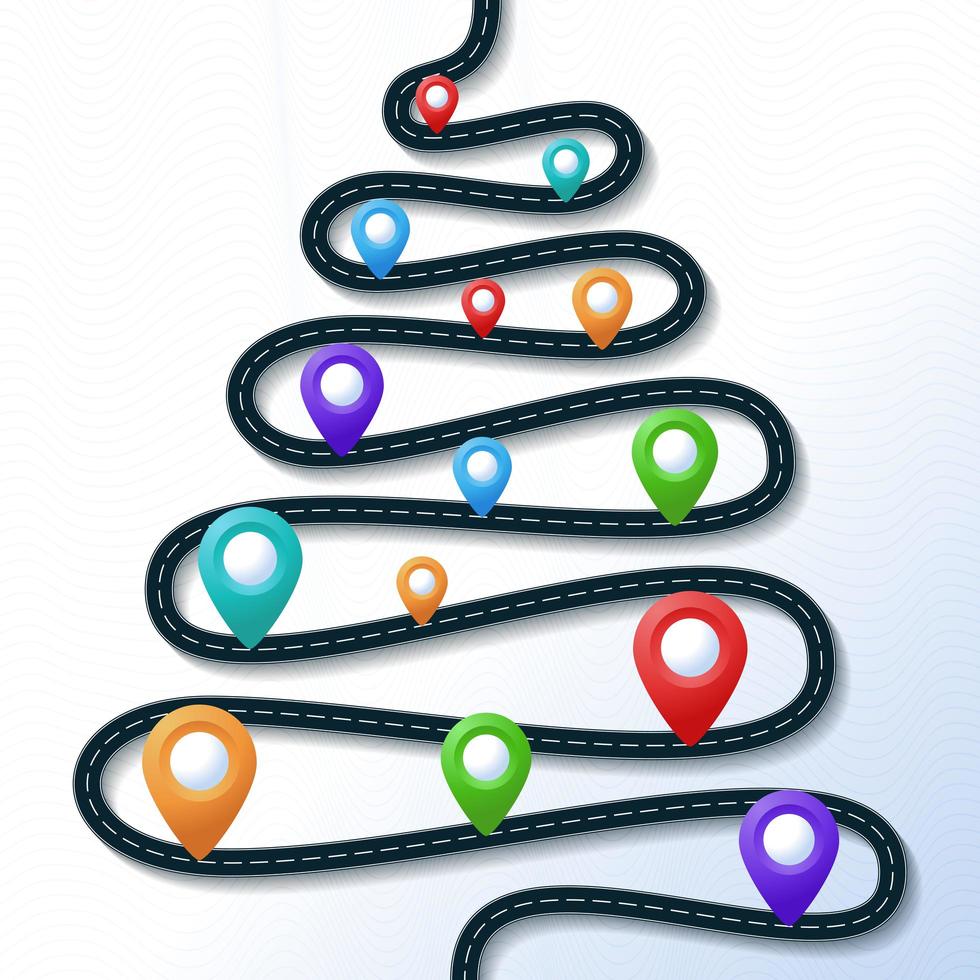 cartolina di Natale con la strada a forma di albero di Natale e puntatore colorato sulla mappa vettore