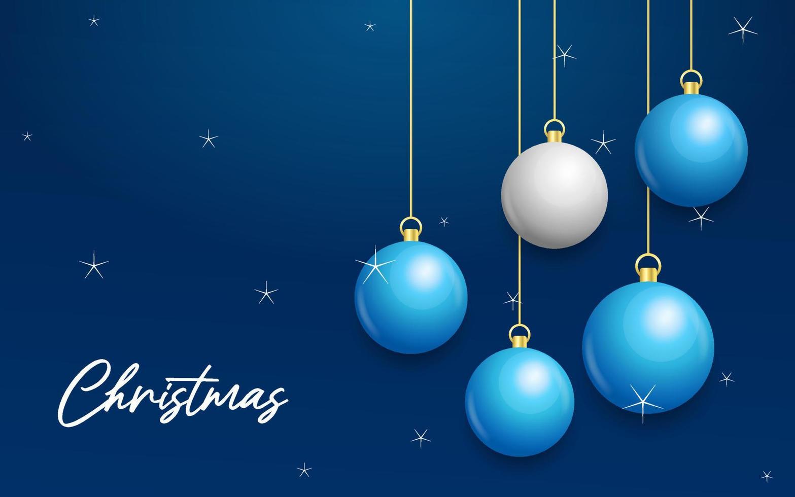 Natale blu sfondo con sospeso splendente bianca e argento palle. allegro Natale saluto carta vettore