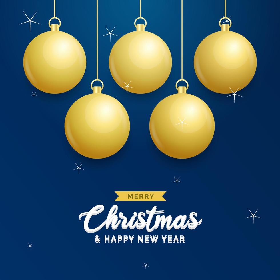 Natale blu sfondo con sospeso splendente d'oro palle. allegro Natale saluto carta. vacanza natale e nuovo anno manifesto. ragnatela bandiera vettore