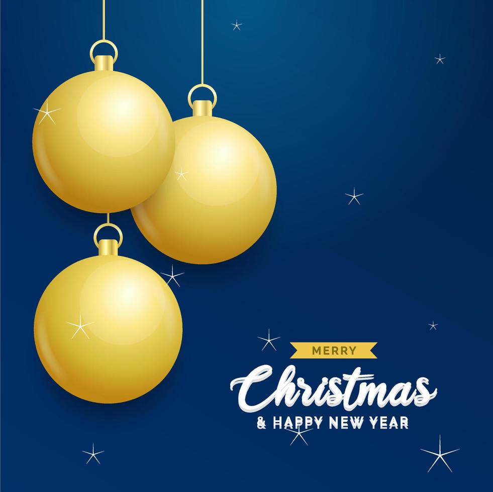 Natale blu sfondo con sospeso splendente d'oro palle. allegro Natale saluto carta. vacanza natale e nuovo anno manifesto. ragnatela bandiera vettore