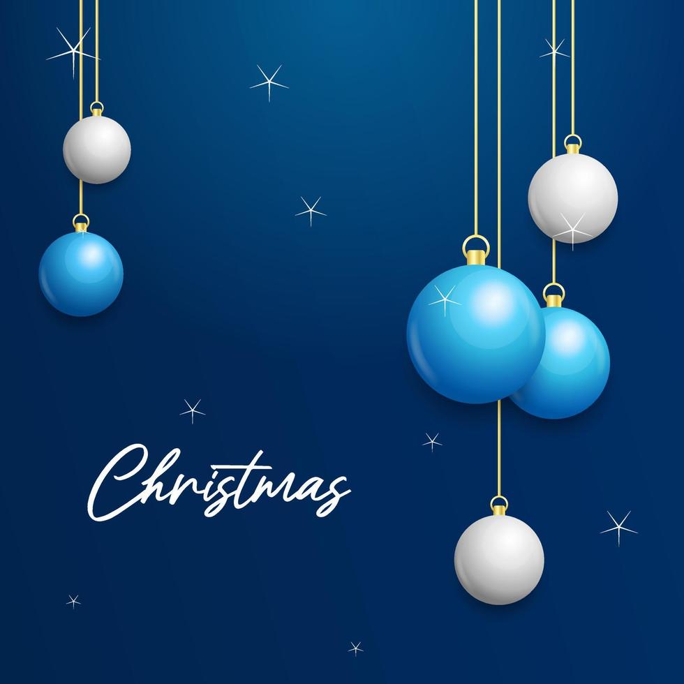 Natale blu sfondo con sospeso splendente bianca e argento palle. allegro Natale saluto carta vettore