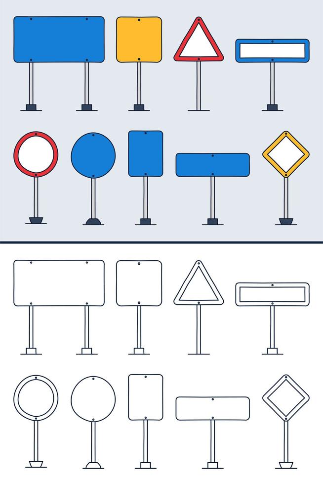 Insieme di vettore dei segnali stradali di doodle in stile contorno colorato e scarabocchio. icone del segnale stradale disegnate a mano isolate su priorità bassa bianca.