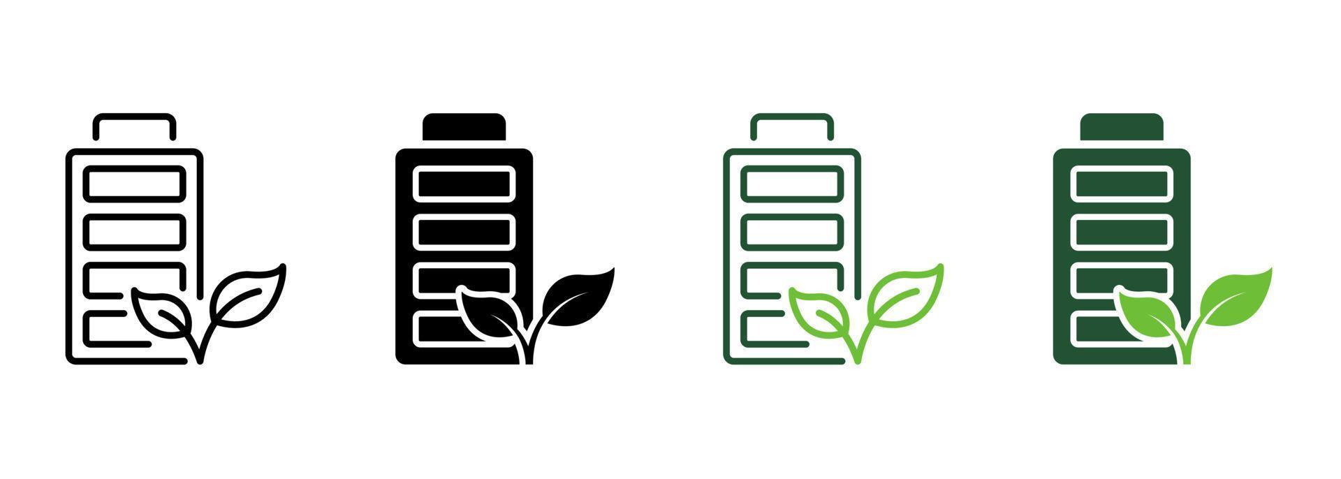 ricaricabile energia linea e silhouette icona impostare. ecologico rinnovabile batteria pittogramma. accumulatore con foglia simbolo collezione su bianca sfondo. eco elettrico potenza. isolato vettore illustrazione.