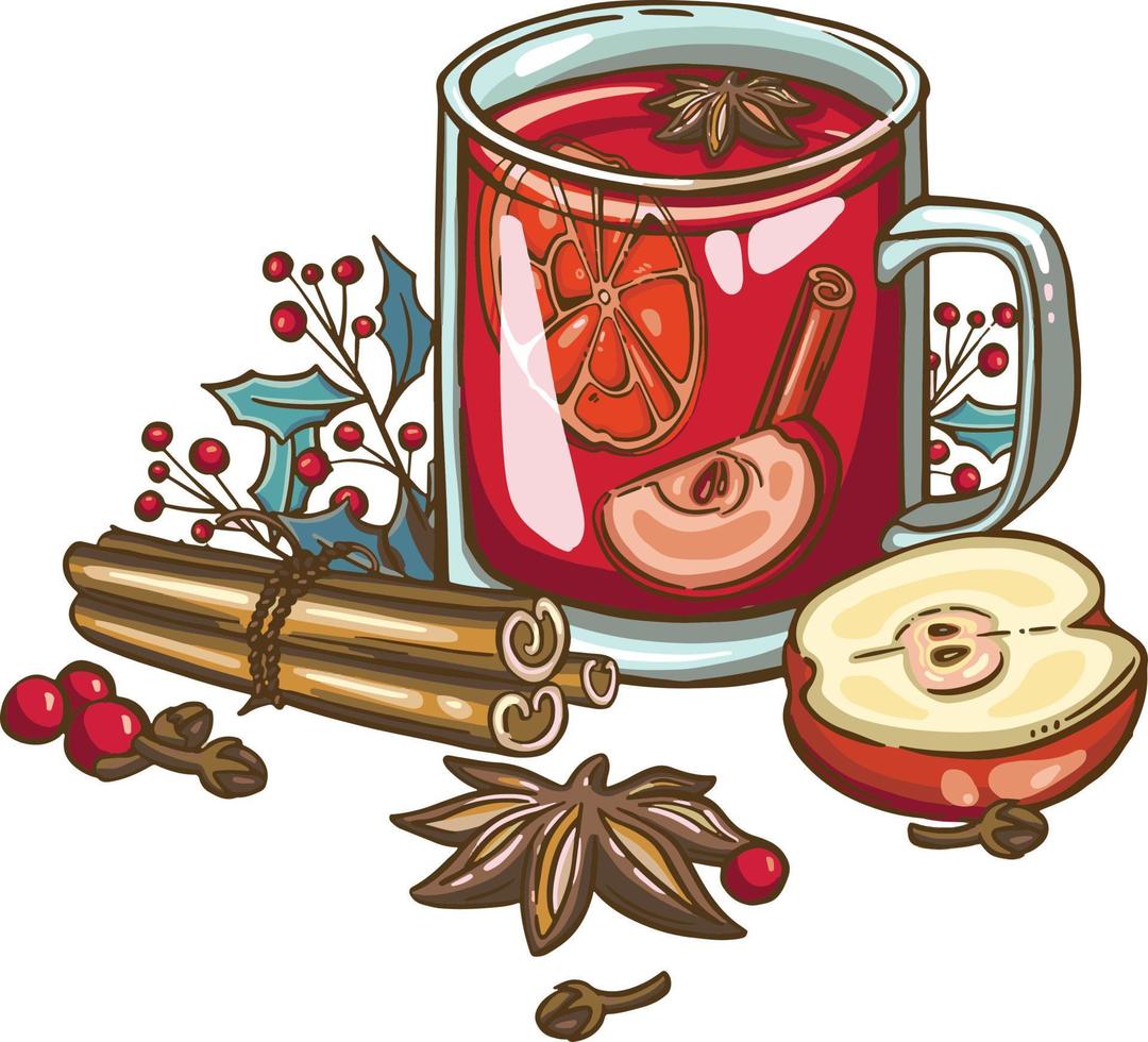 acquerello Natale vin brulé vino. mano dipinto vino bicchiere, cannella, Pan di zenzero e abete ramo isolato su bianca sfondo. inverno illustrazione per disegno, Stampa, tessuto. vettore