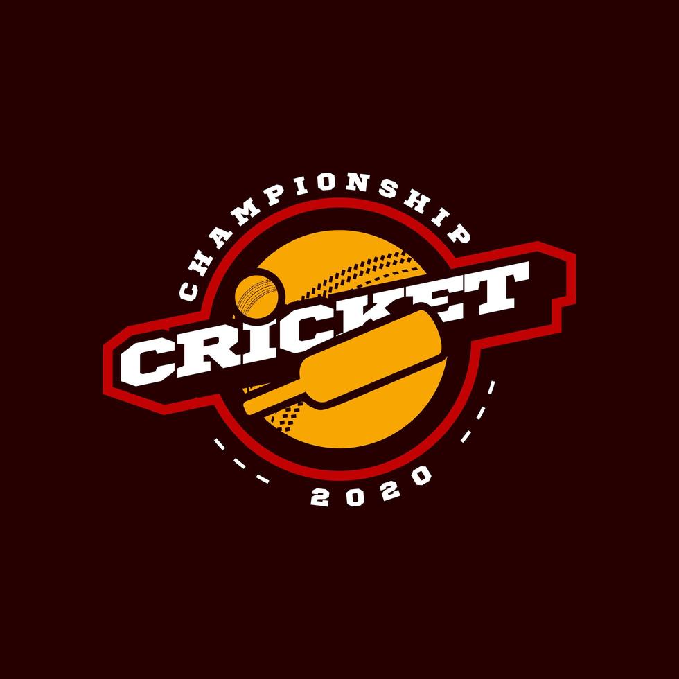 moderna tipografia professionale cricket sport super eroe stile vettoriale emblema e modello logo design con palla. saluti divertenti per vestiti, carta, badge, icona, cartolina, banner, tag, adesivi, stampa.