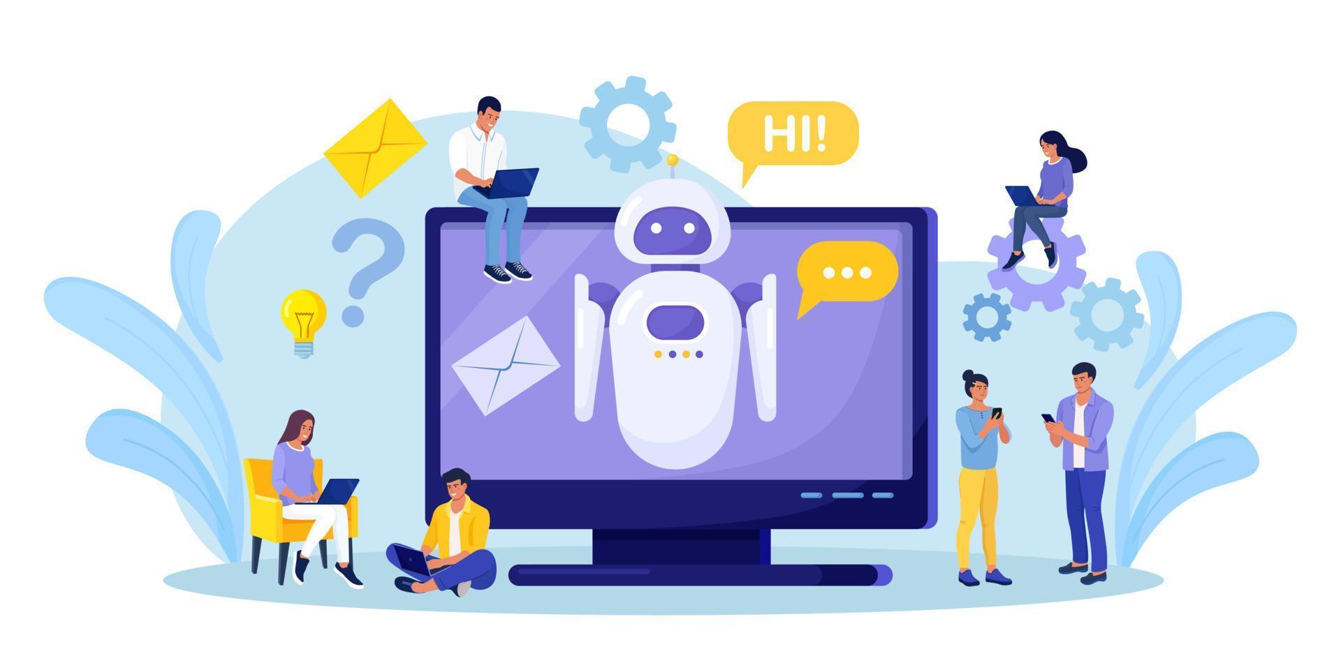 minuscolo persone chat con chatbot su computer. ai robot assistente, in linea cliente sostegno. Chiacchierare Bot virtuale assistente attraverso messaggistica informazione ingegneria, artificiale intelligenza e FAQ concetto vettore