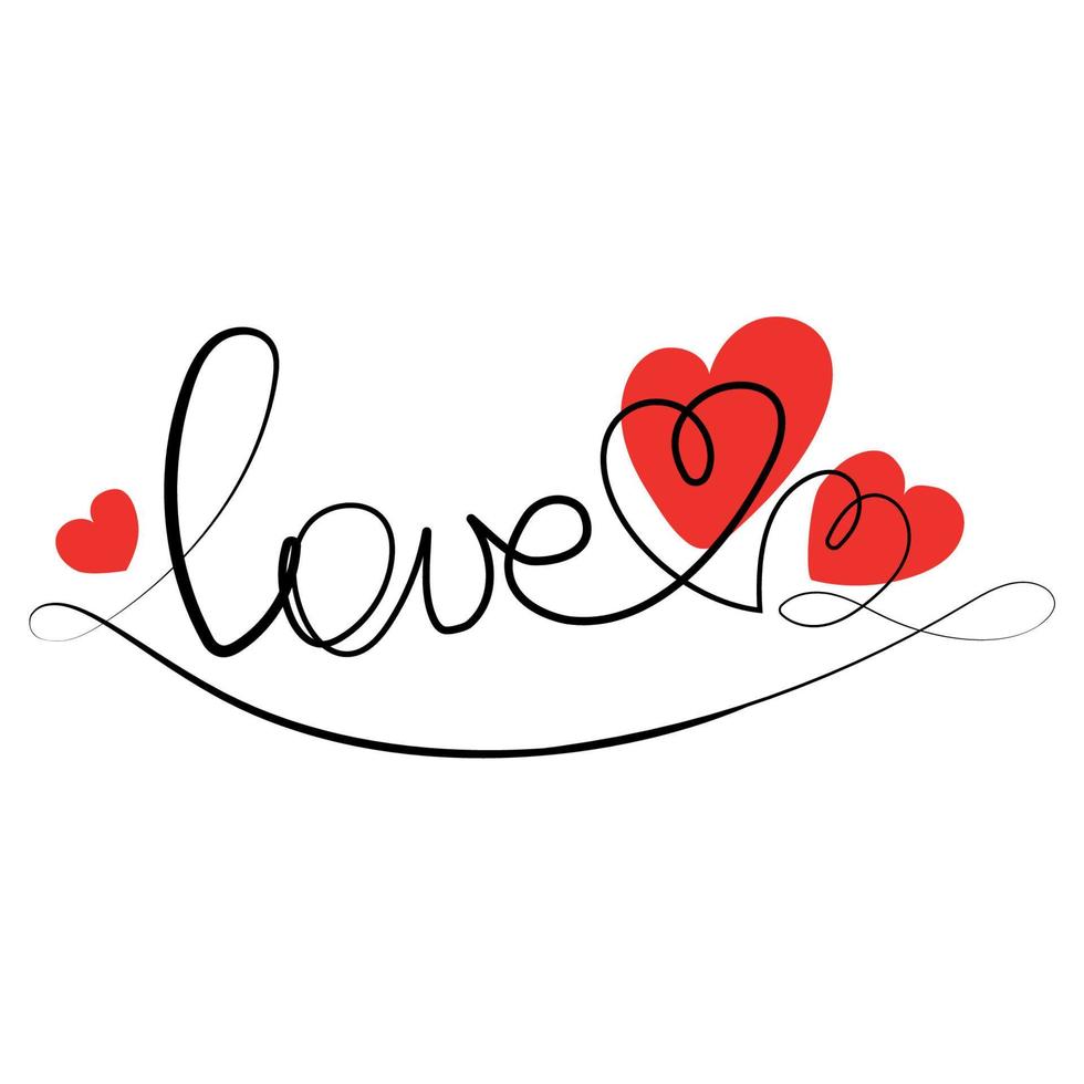 amore lettering con cuori continuo linea disegno, tipografico rivestimento design vettore illustrazione.parola amore minimo arte, romantico carta, banner, poster, elemema, stampare, firmare e simbolo.san valentino giorno concetto