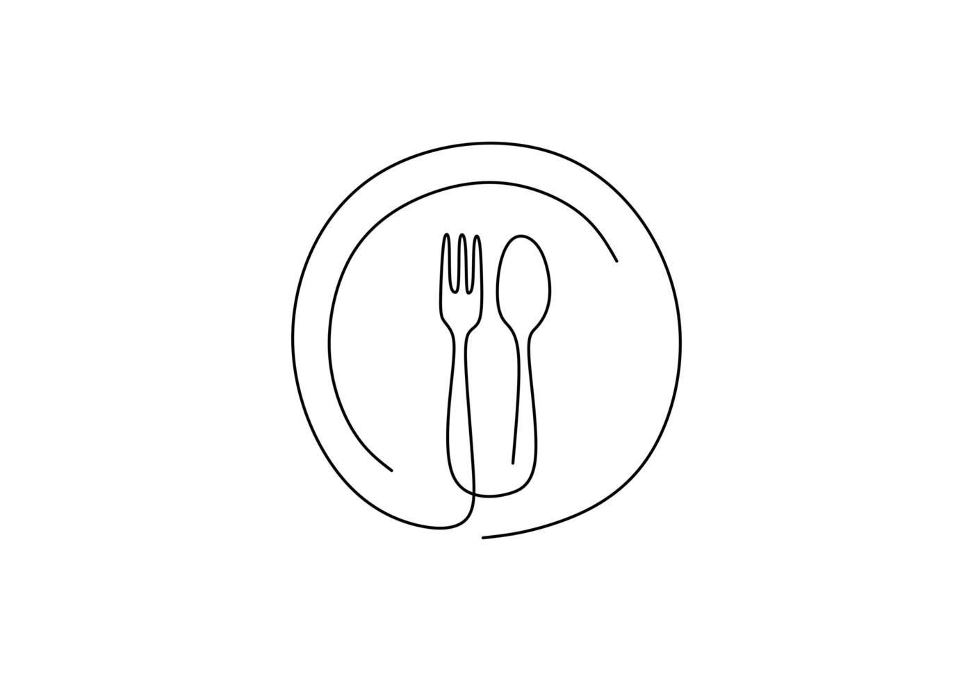 disegno a tratteggio continuo del simbolo del cibo. segno di piatto, coltello e forchetta. minimalismo disegnato a mano una linea arte minimalista illustrazione vettoriale. tema cena con contorno schizzo creativo. vettore