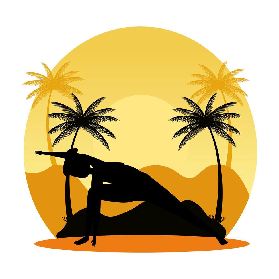 silhouette di donna che pratica pilates sulla scena del tramonto del paesaggio vettore