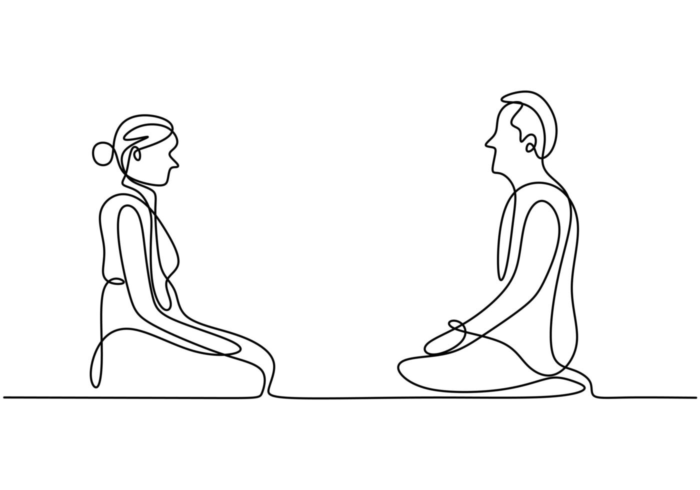 disegno linea continua di coppia facendo meditazione yoga. giovane uomo e donna seduta con le gambe piegate e uno di fronte all'altro isolato su sfondo bianco. meditazione per tema di vita sana vettore