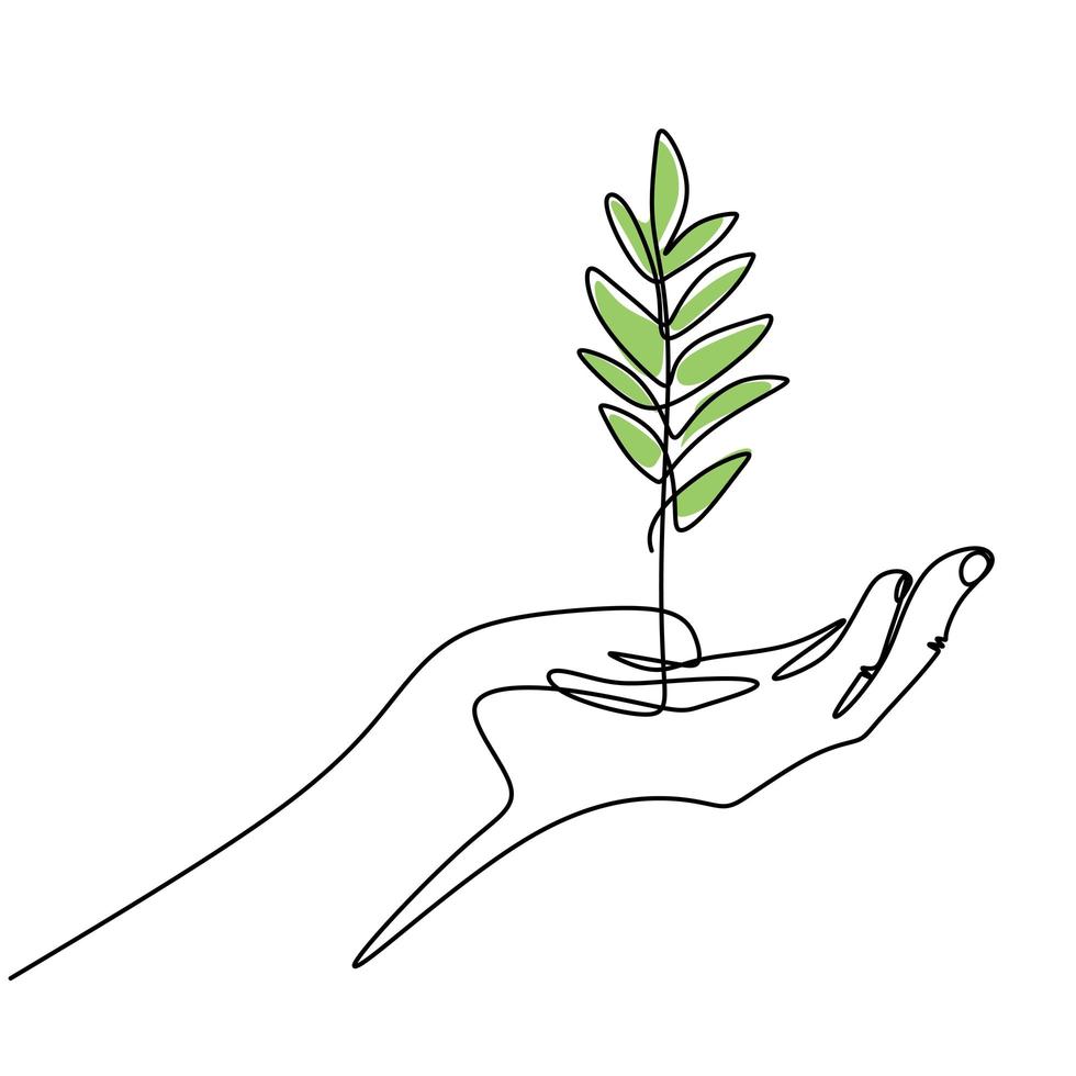un disegno a tratteggio del germoglio in mano. le piantine crescono nelle mani degli alberi. vettore