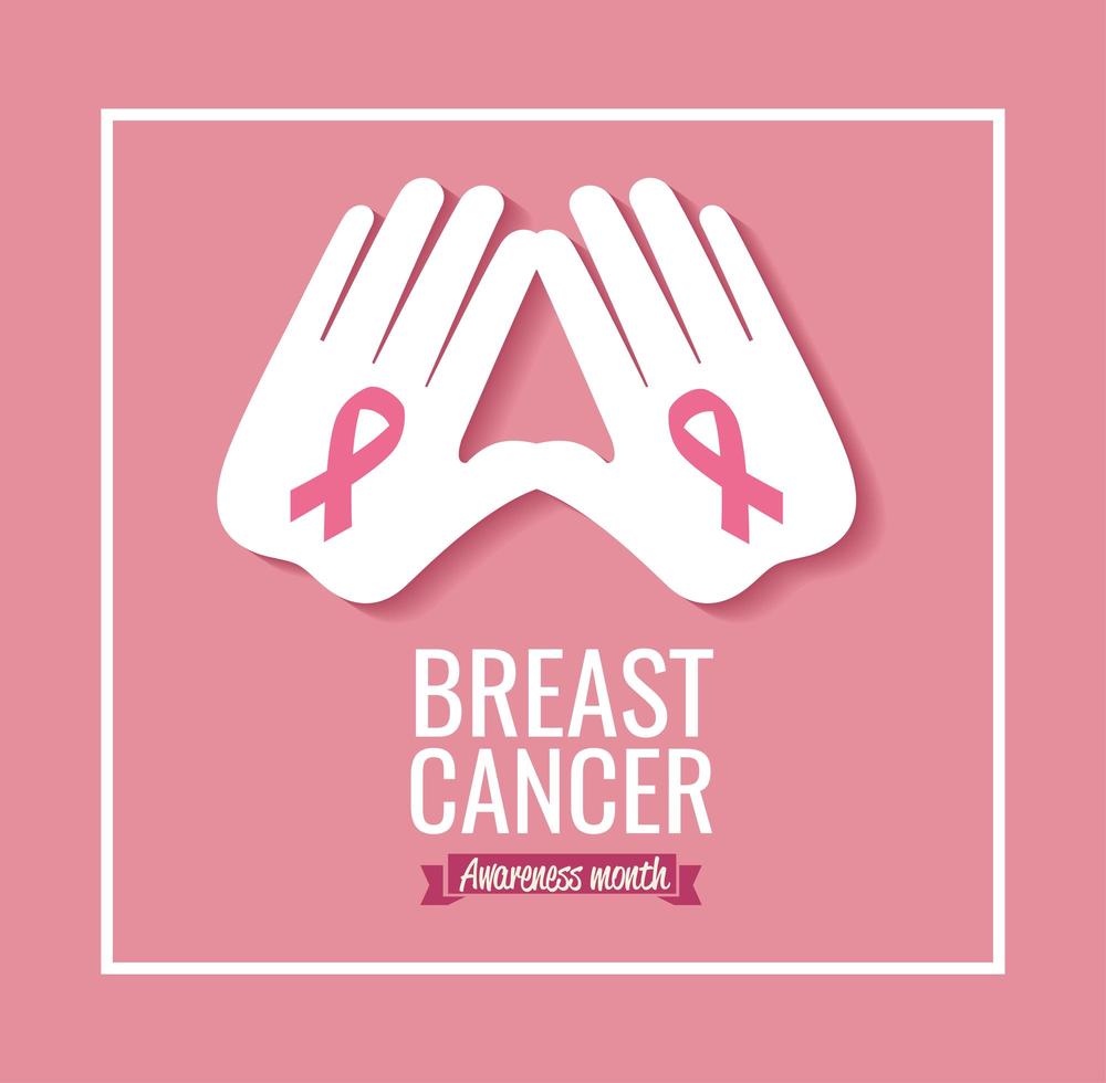 poster mese di consapevolezza del cancro al seno con mani e nastro vettore
