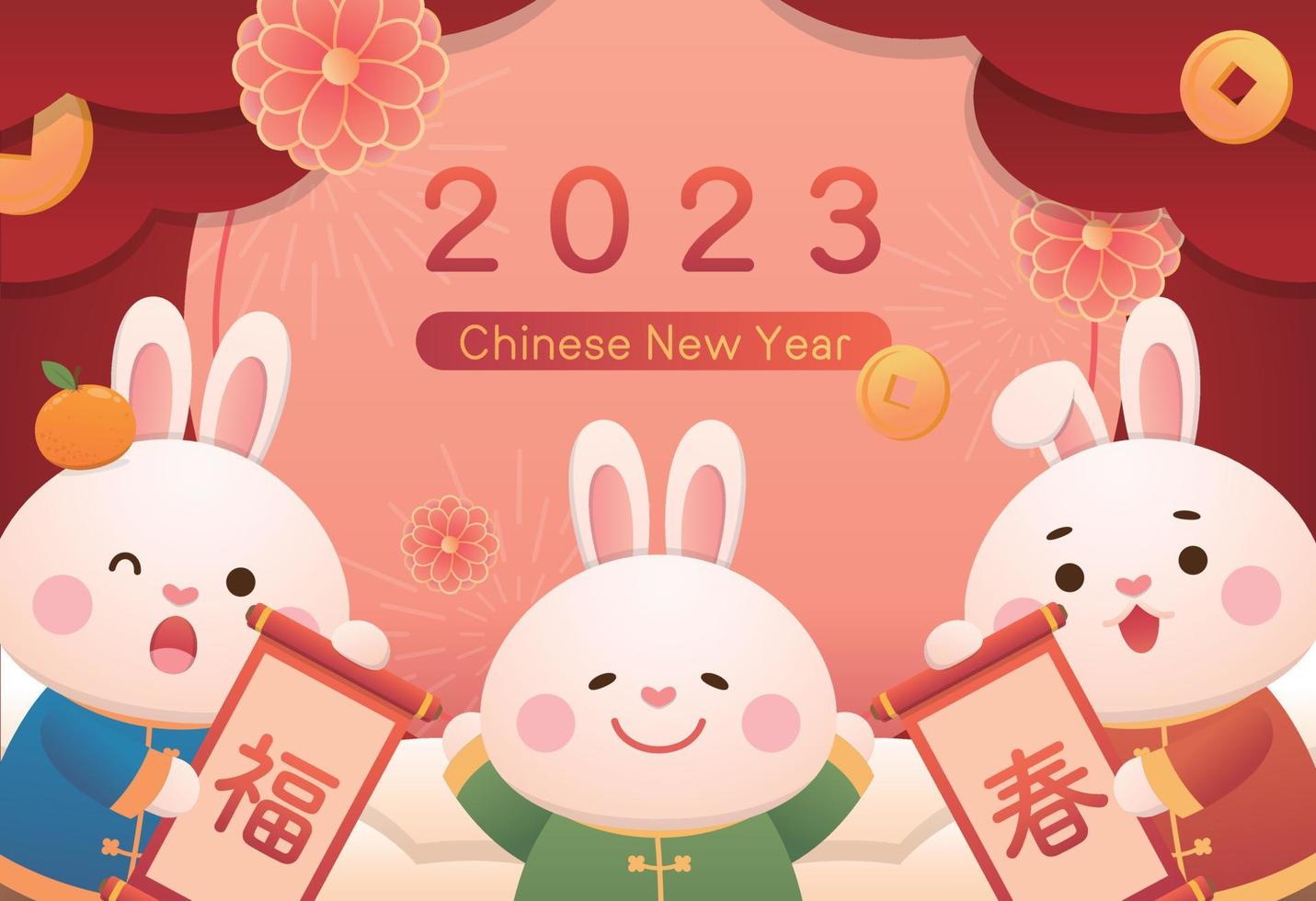 manifesto per Cinese nuovo anno, carino coniglio personaggio o mascotte, primavera distici con oro monete e rosso elementi per nuovo anno vettore