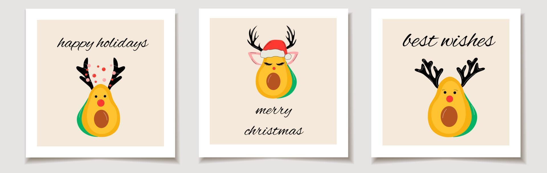 Natale vettore regalo carta o etichetta Natale impostato di tre avocado con Natale Accessori. Santa cappello, cervo corna. allegro Natale scritte, migliore auguri