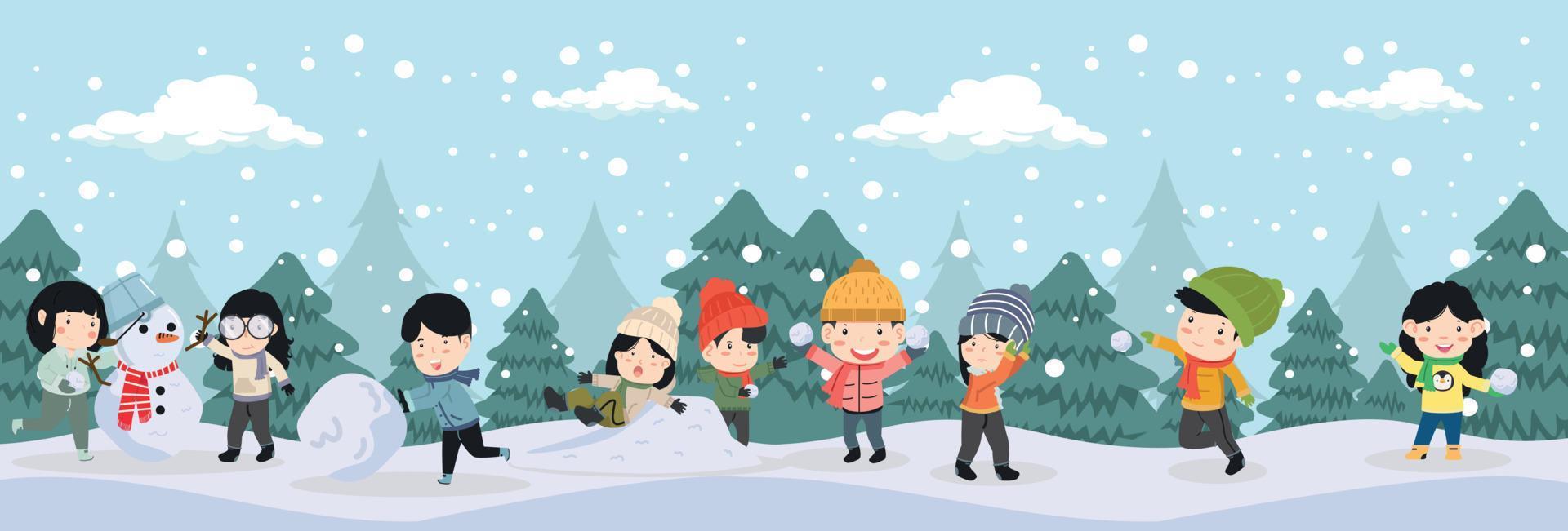 bambini giocando palla di neve combattimento con alberi e caduta neve manifesto vettore