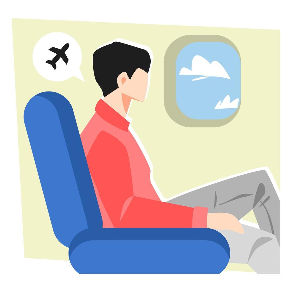 adolescenziale ragazzo seduta nel aereo posto a sedere guardare a finestra. aereo icona. viaggiare, destinazione, vacanza, veicolo concetto. piatto vettore illustrazione