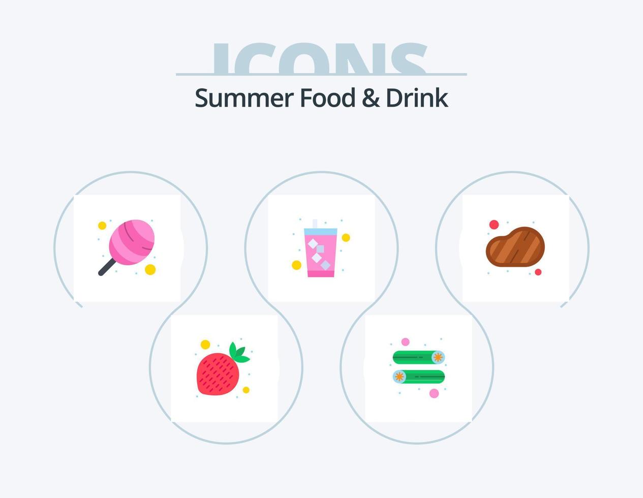 estate cibo e bevanda piatto icona imballare 5 icona design. cibo. carne. cotone. barbecue. bibita vettore