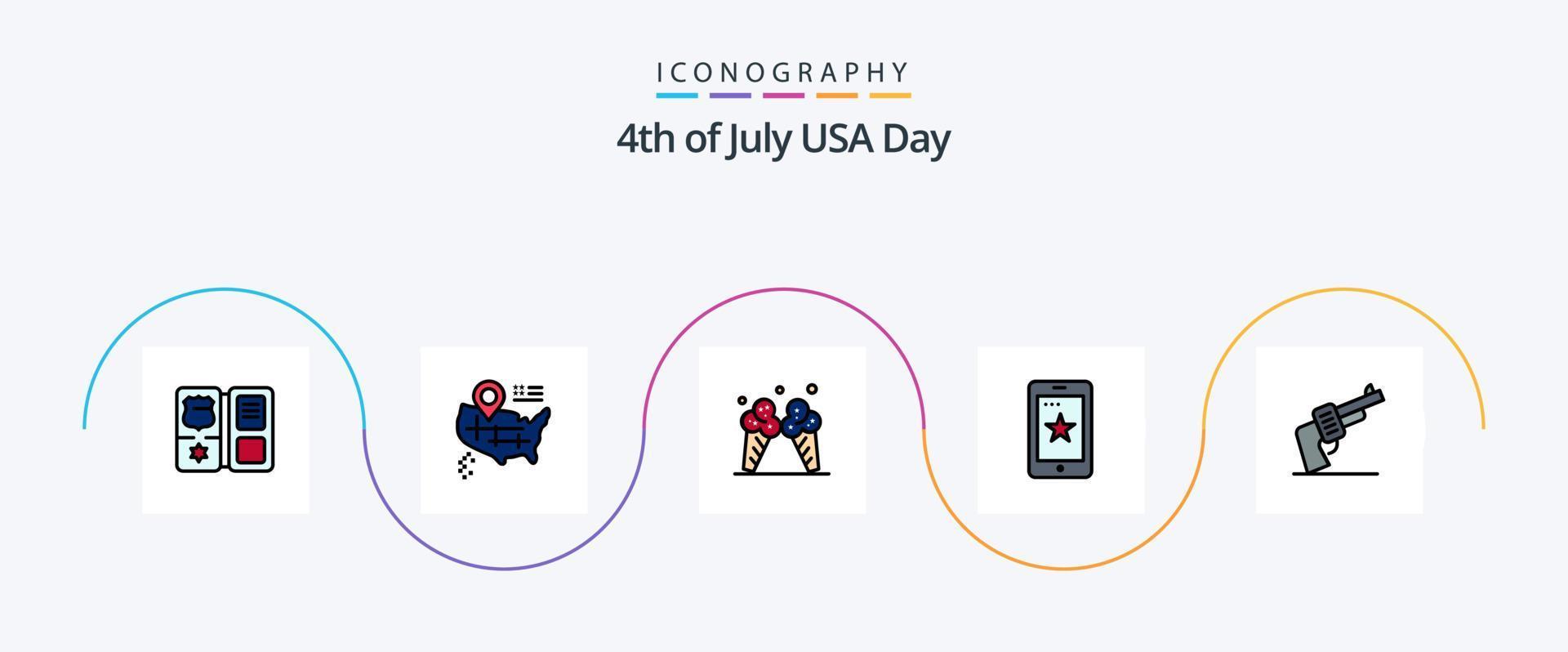 Stati Uniti d'America linea pieno piatto 5 icona imballare Compreso arma. pistola. Ghiaccio. Irlanda. Telefono vettore