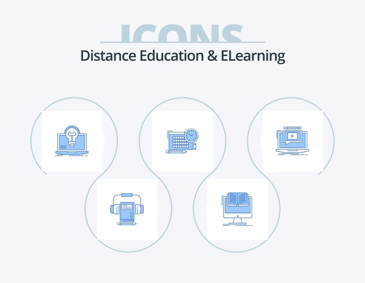 distanza formazione scolastica e elearning blu icona imballare 5 icona design. messa a fuoco. file. libro. volta. schermo vettore